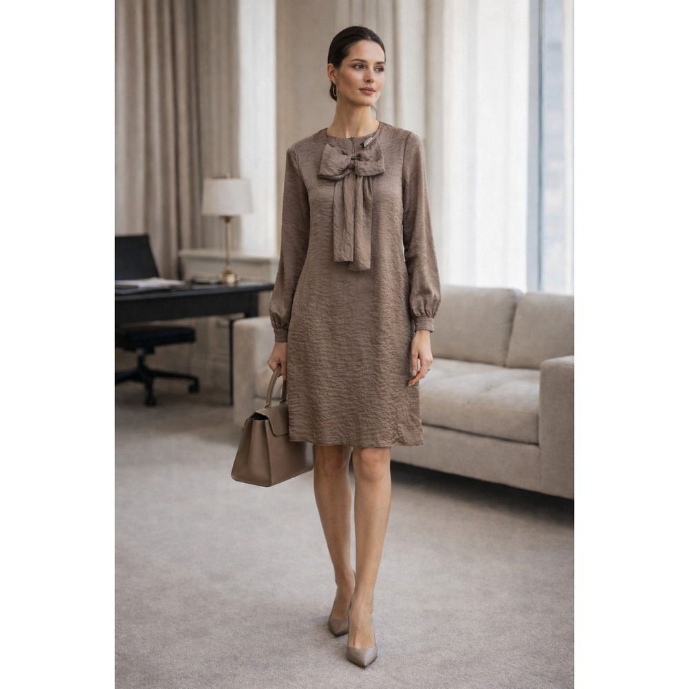 Almatrichi Bow Front Dress M Taupe‎ Silky Texture Elegant Career Quiet Lux Spain